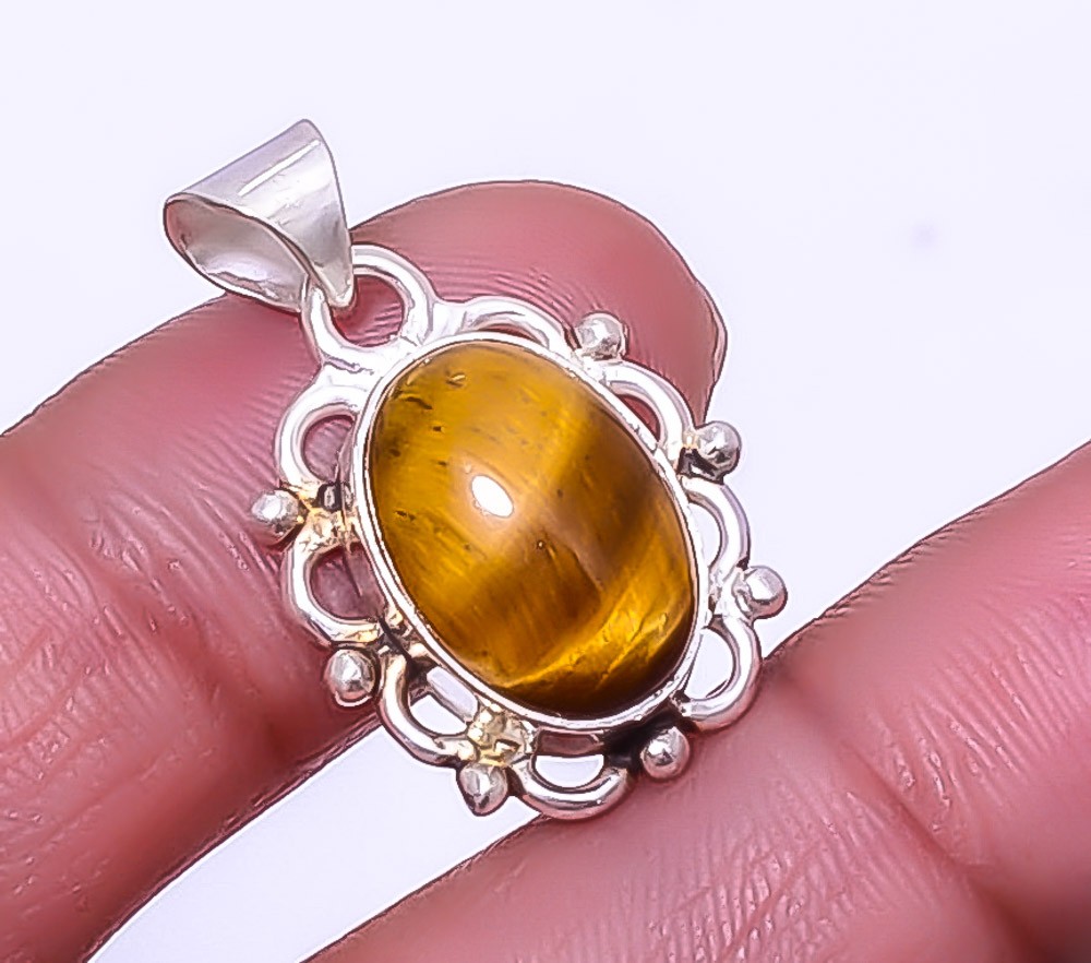 Natural Yellow Tiger Eye – South Africa 925 Silver Plated Pendant 1.17″ W2417