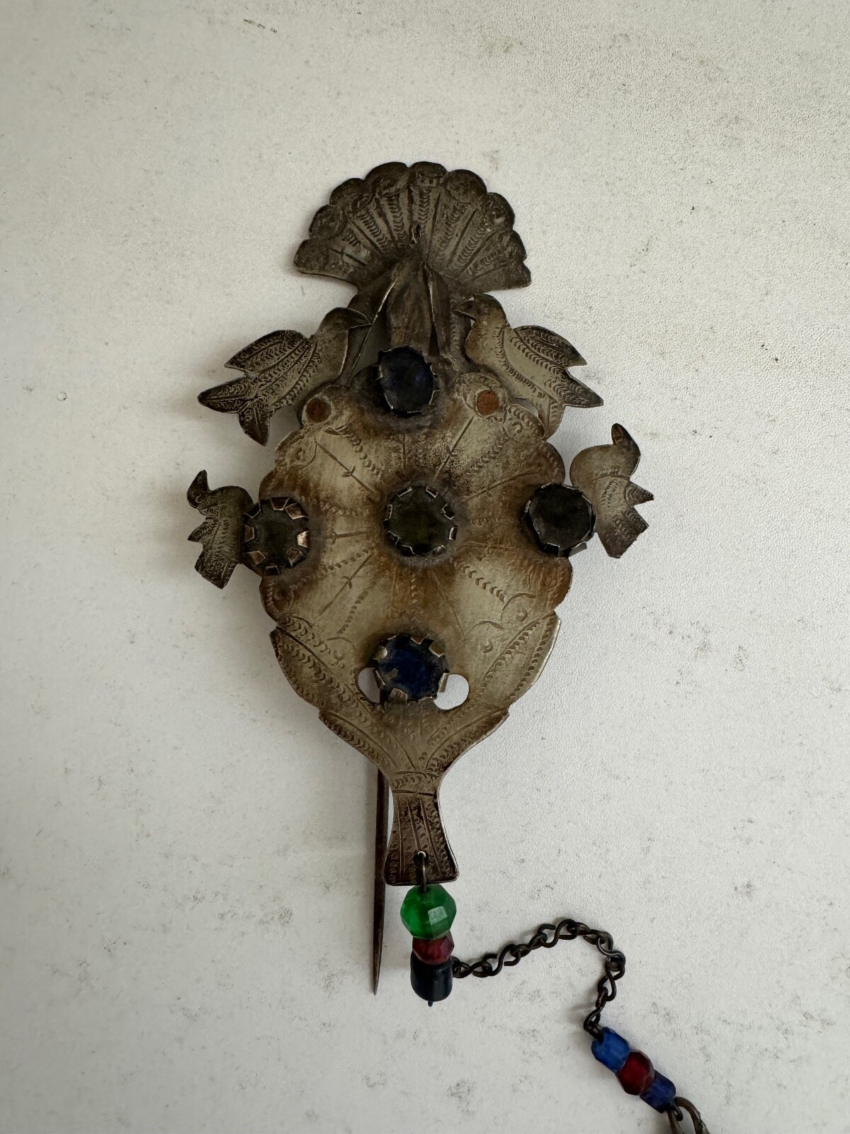 Antique Spanish Colonial Peruvian Large Tupu Shawl Pin Birds & Articulated Fish