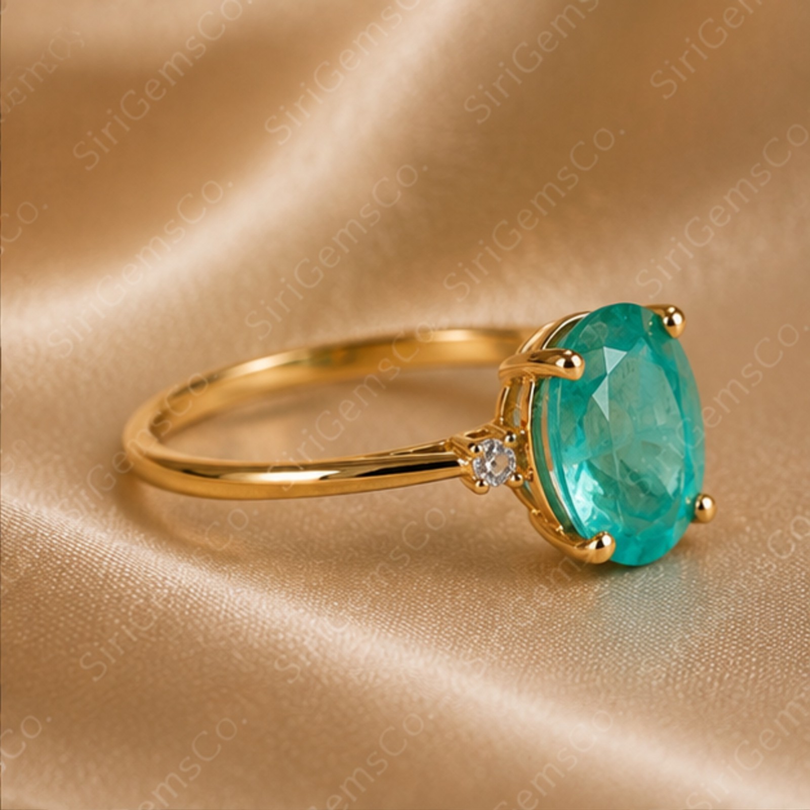 Oval Mint Green Emerald Ring Diamond Side Accent 14k Yellow Gold Over Silver Fin