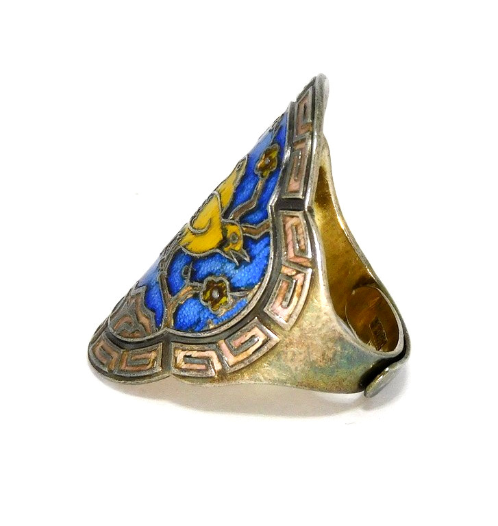 Vtg Chinese Export Sterling Silver Cloisonne Enamel Lovebirds Cigar Band Ring