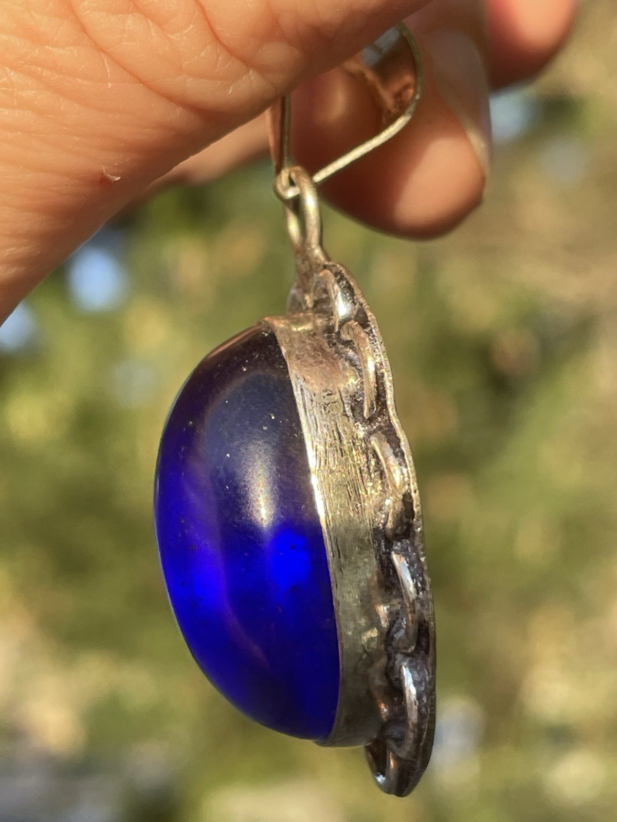Sterling Silver 925 Cobalt Blue Glass? Cabochon Oval Pendant Vintage Style Boho