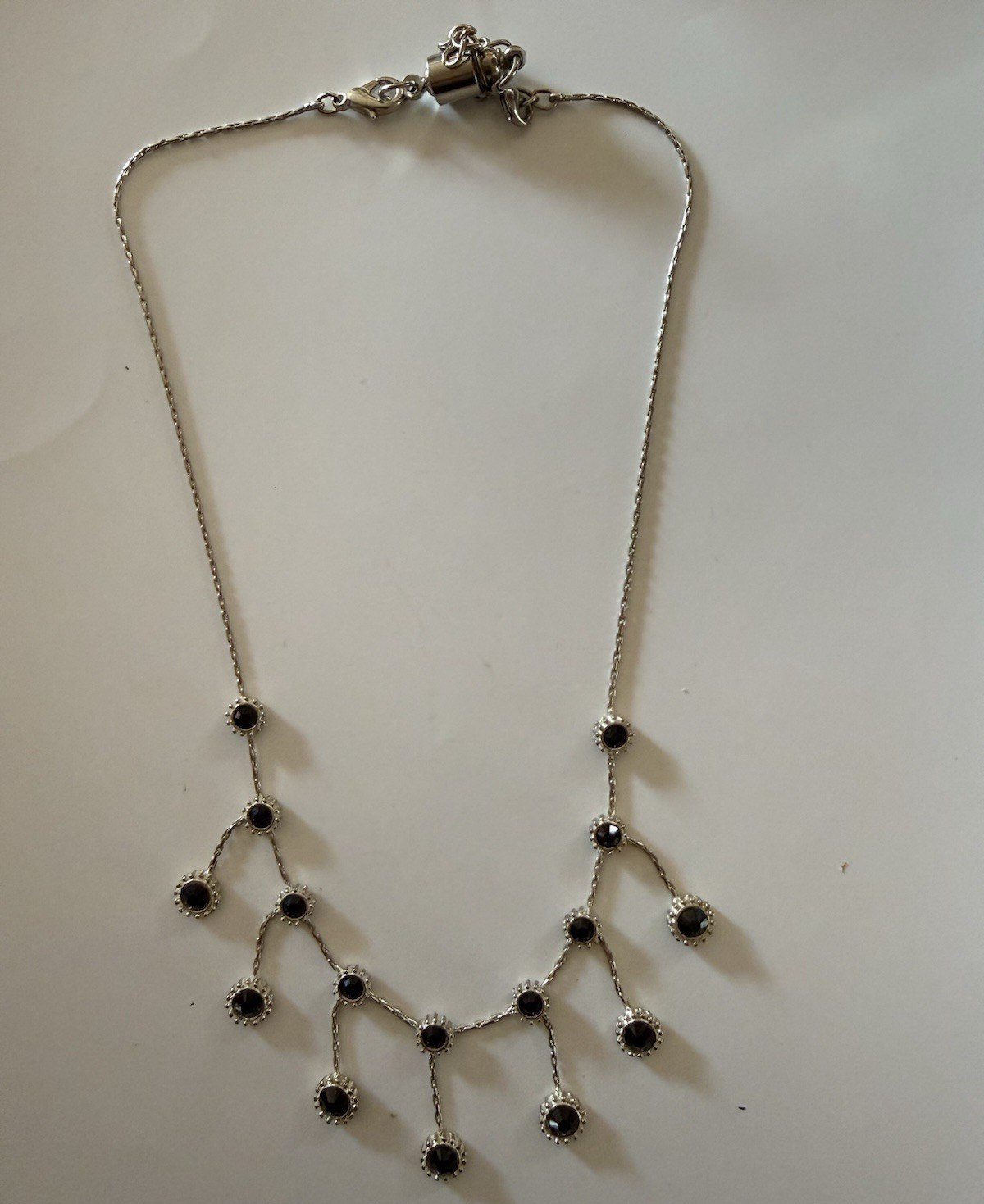 Silver-Tone Rope Chain Necklace, Black Round Crystal, Adjustable Lobster