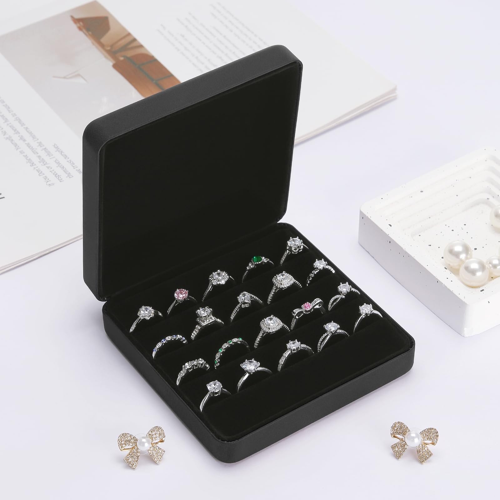KUKUVR Ring Organizer Box, Travel 4.7*4.5*1.8 inches (12*11.5*4.5 cm), Black