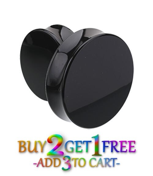 Pair 8g-50mm BLACK ACRYLIC PLUGS Double Flare Gauges Solid Ear Body Tunnels 1002