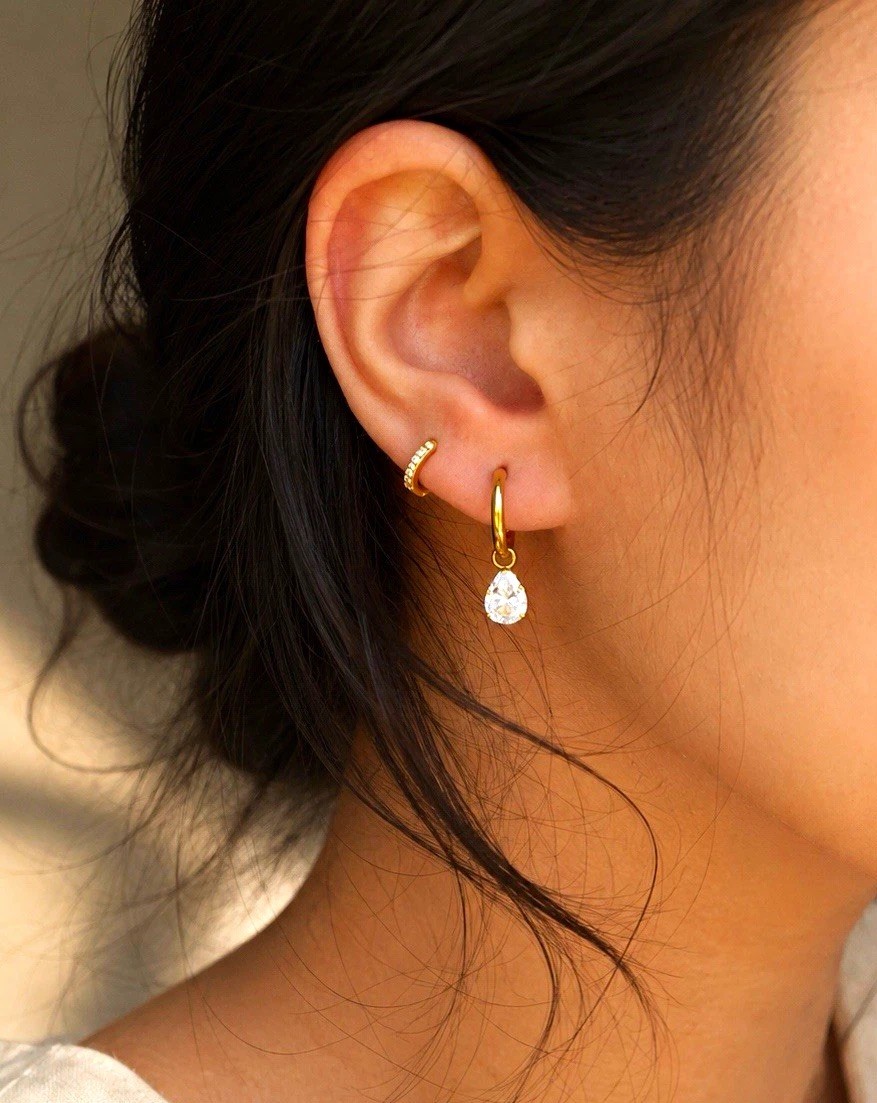 18K Gold Plated Teardrop Crystal Huggie Hoop Earrings Stainless Steel