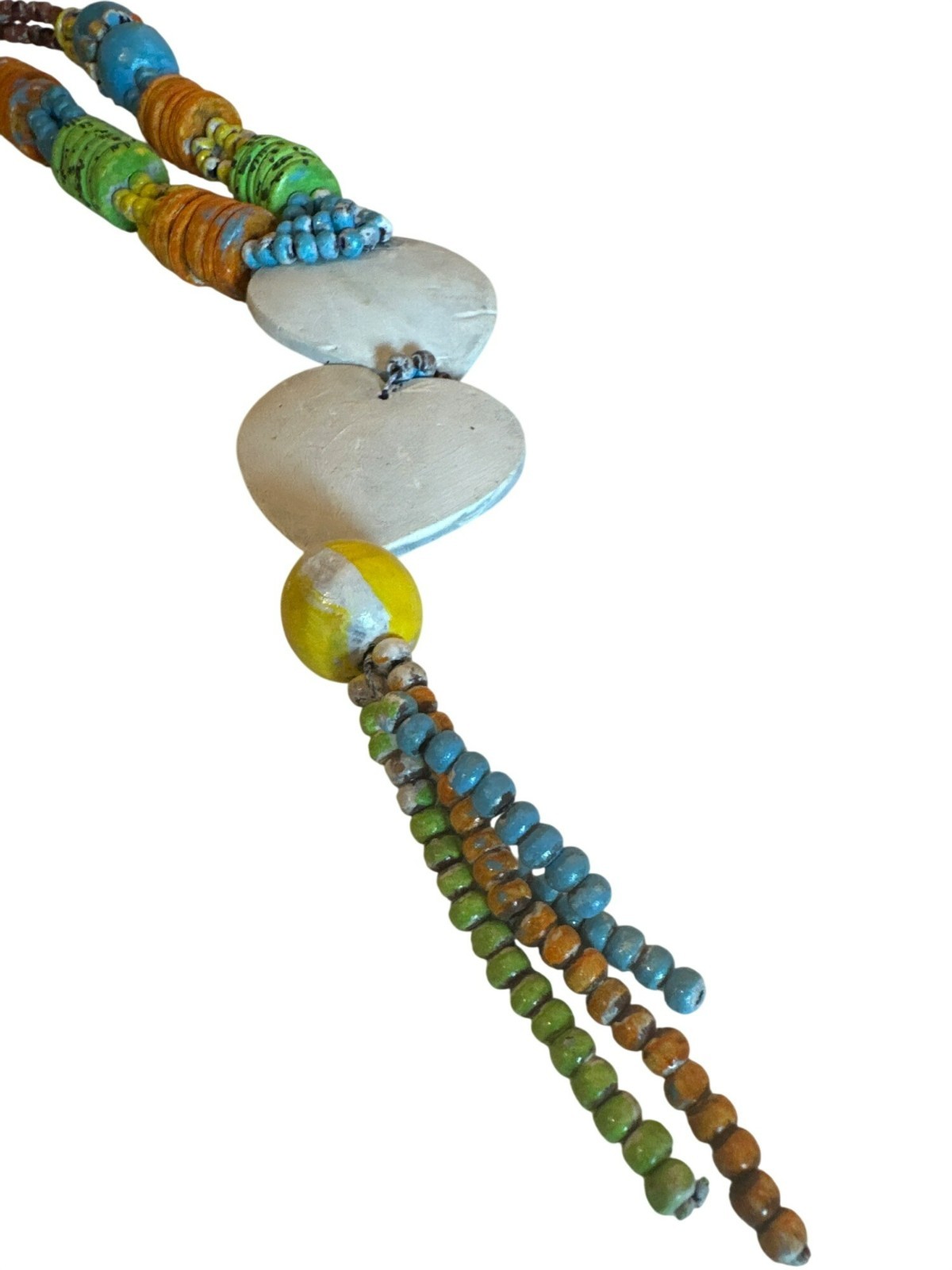 Handcrafted Colorful Beaded Necklace Heart Pendant Tassel Rustic Shabby Chic