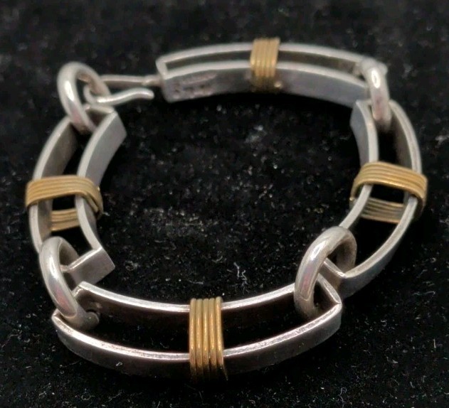 Taxco Sterling 925 Brass Accent Squared Link Bracelet 40g, Size 7 TD-42