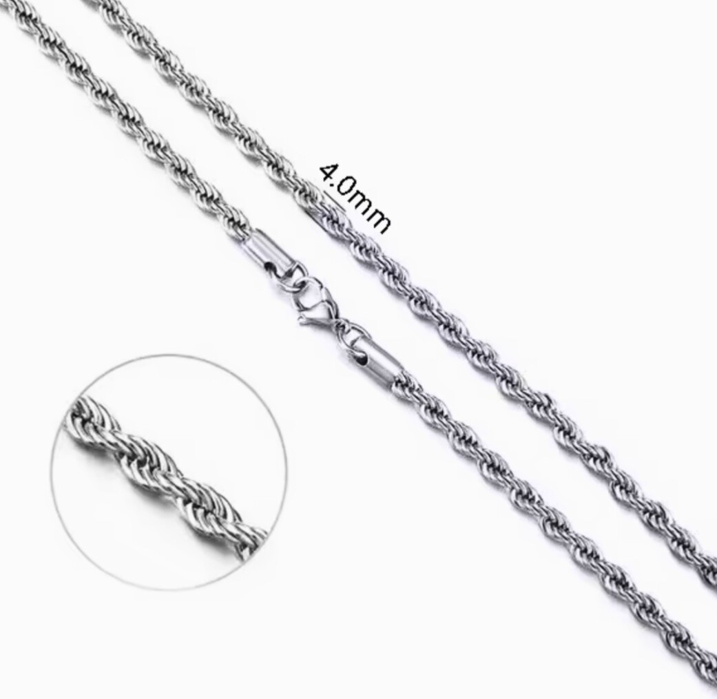 925 Sterling Silver Rope Link Chain Necklace–Unisex, Stainless Steel, Plated