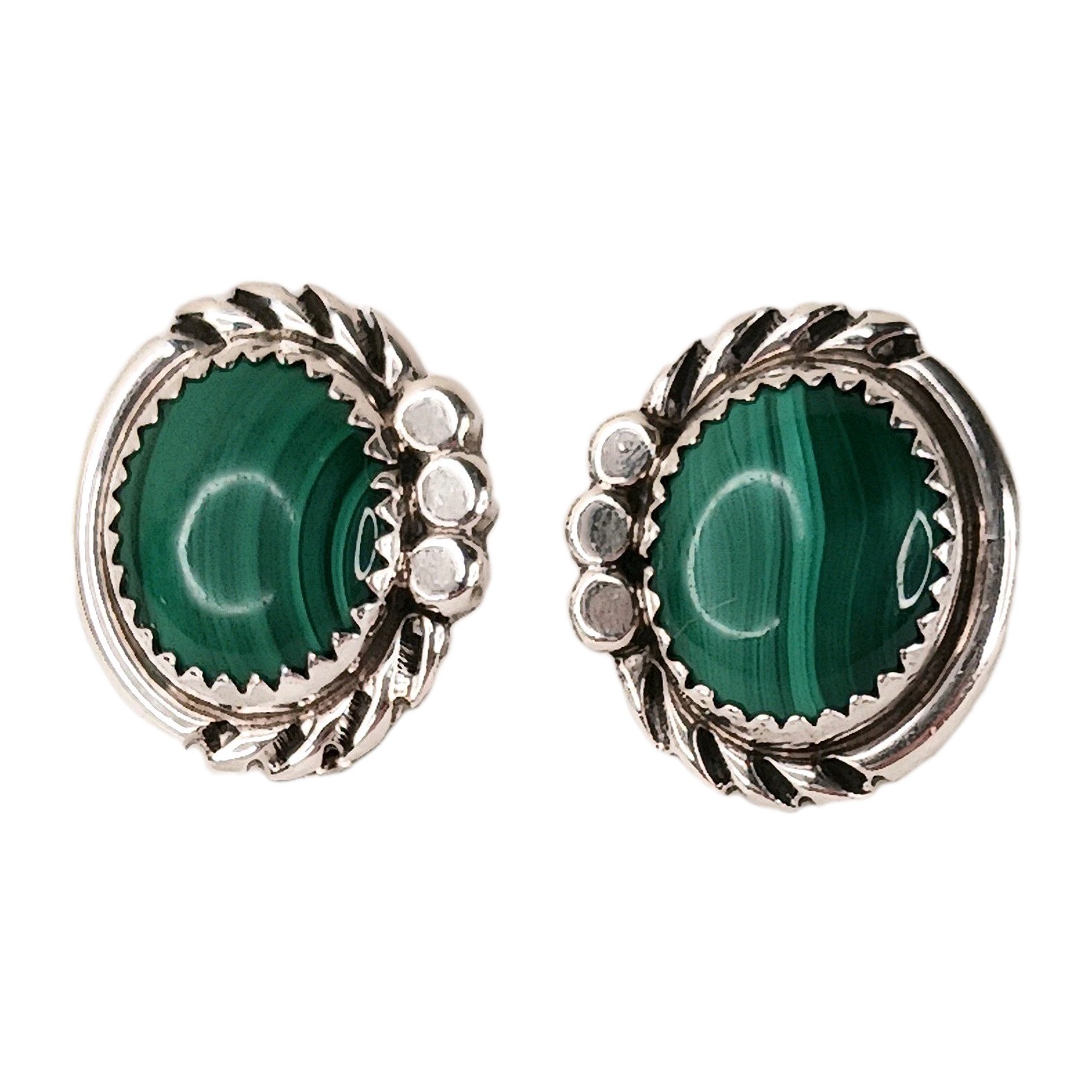 Earrings Clip Vintage Mexico 925 Sterling Malachite Scroll Work Classic Timeless