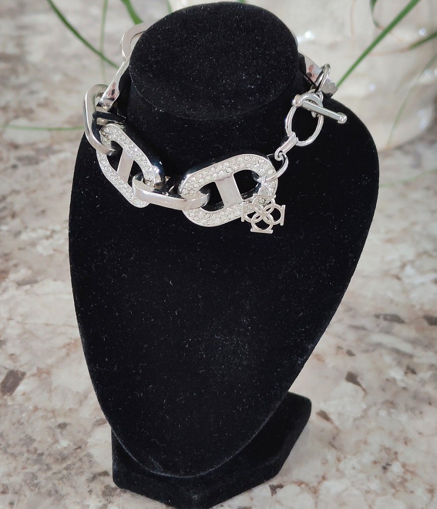 Vintage Silver Tone Chunky Link Statement Bracelet 7.5″ Pave Crystals and Charm