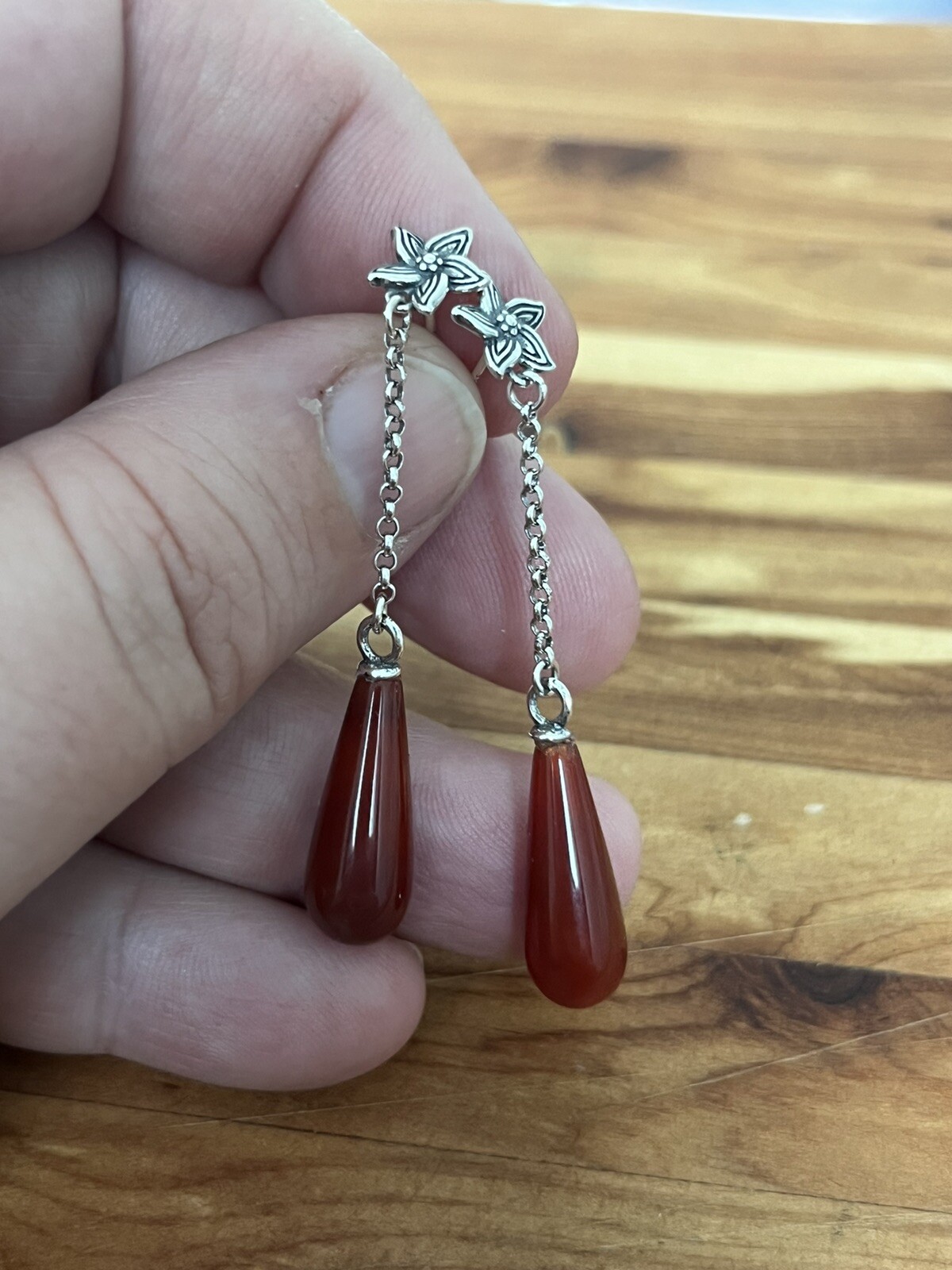 925 Sterling Silver Vintage Flower Carnelian Agate boho drop dangle Earrings