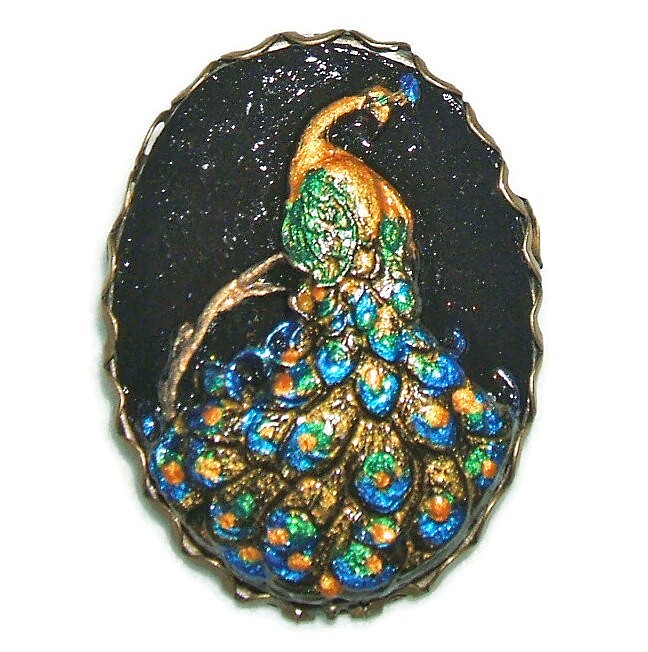 BLUE GREEN GOLD PEACOCK BIRD BLACK CAMEO Silver Plt Hand Painted Brooch Pin