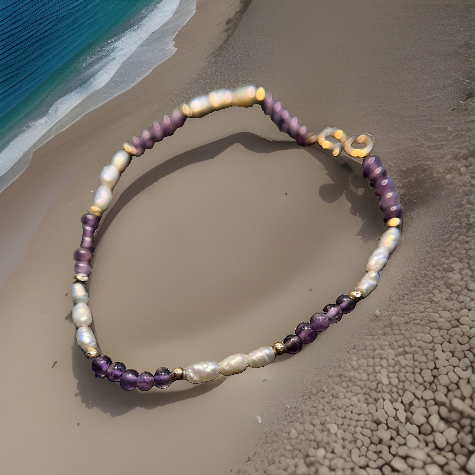 Women’s Bracelet Amethyst Freshwater Pearls 14K Gold Beads And Clasp 7.25 in