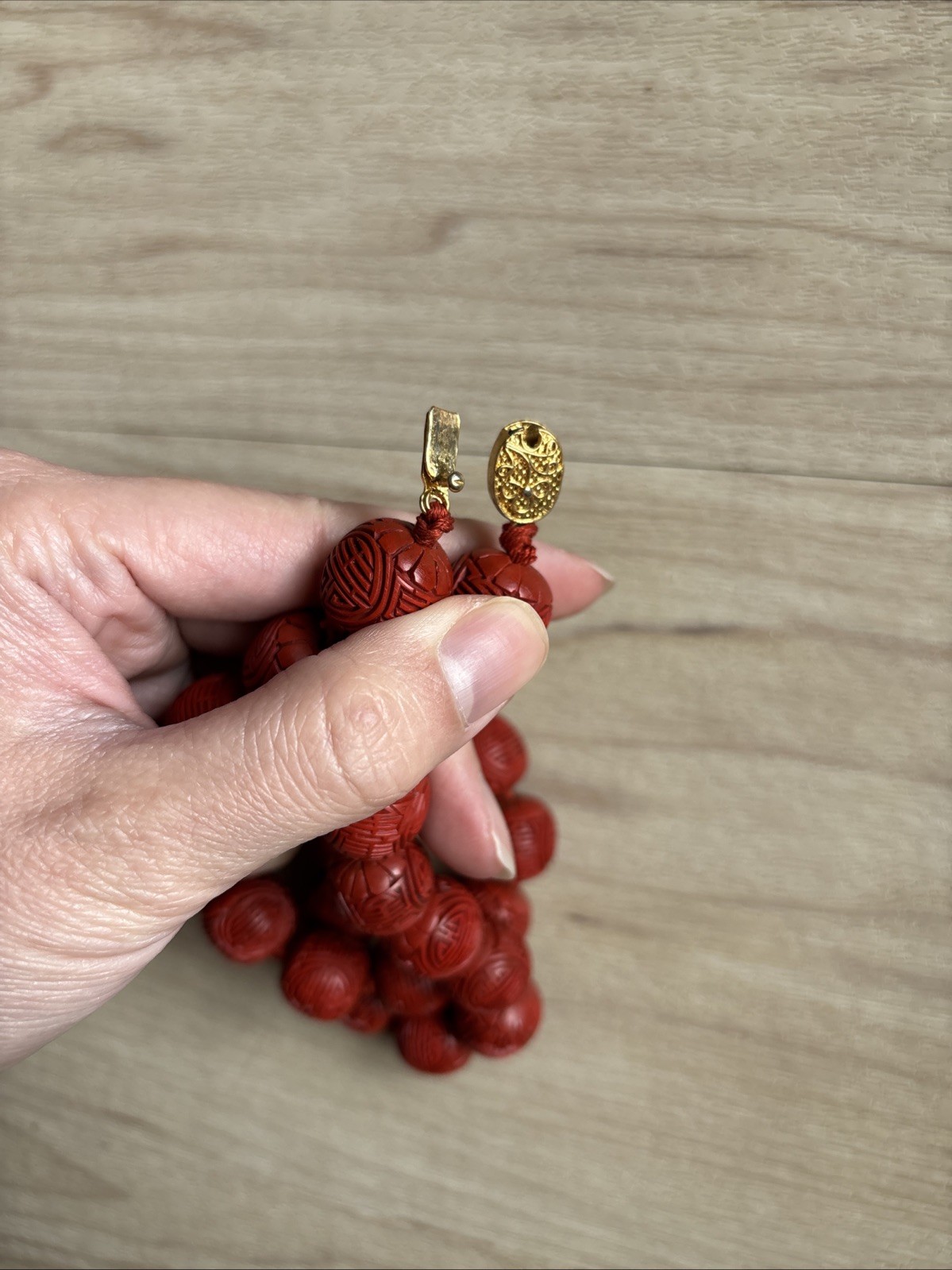Vintage Chinese Export hand carved Red Cinnabar beads Necklace, 24 inches