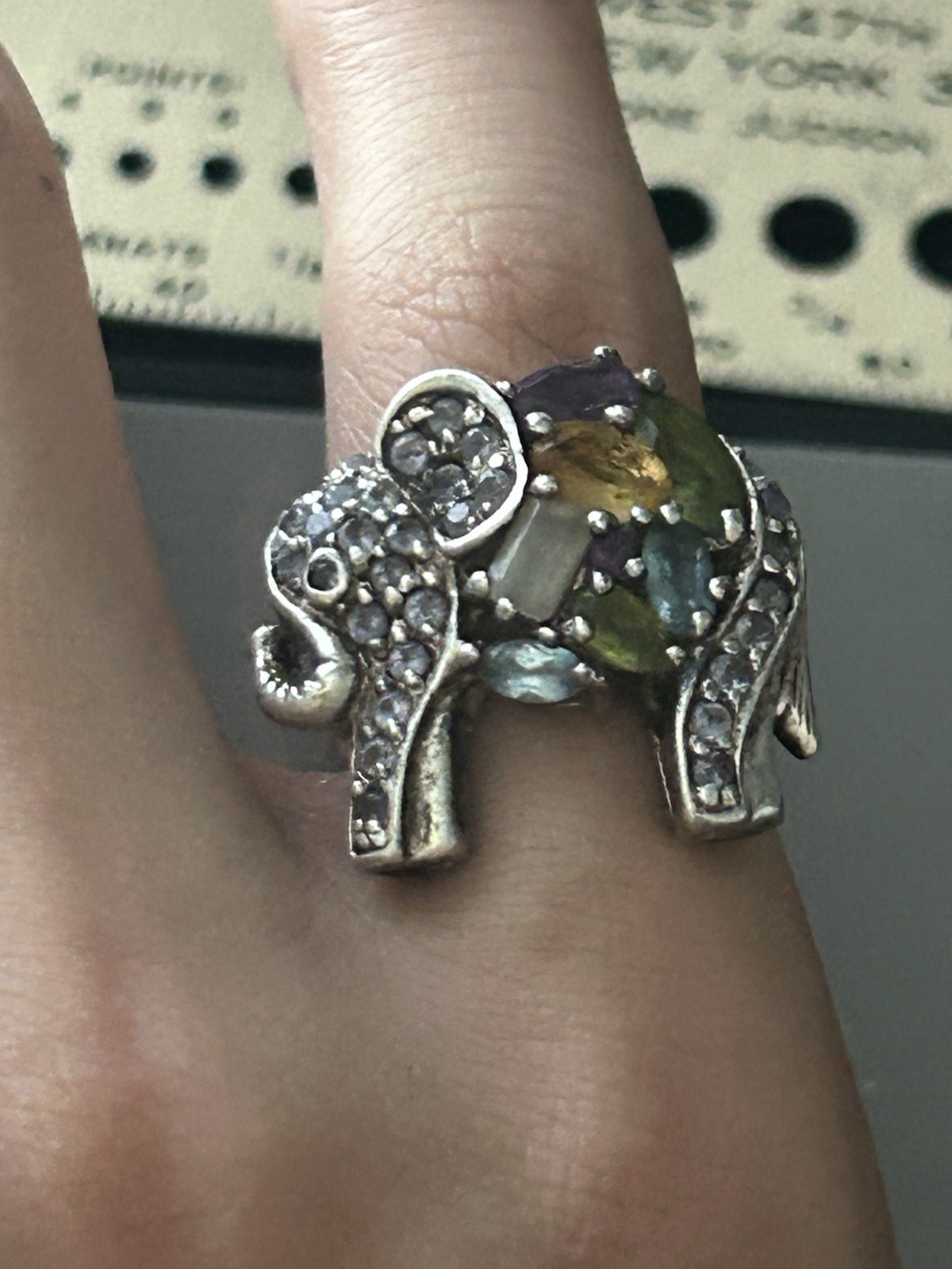 Sterling Silver Gemstone Mosaic Elephant Ring Size 4.75 8.8 Grams