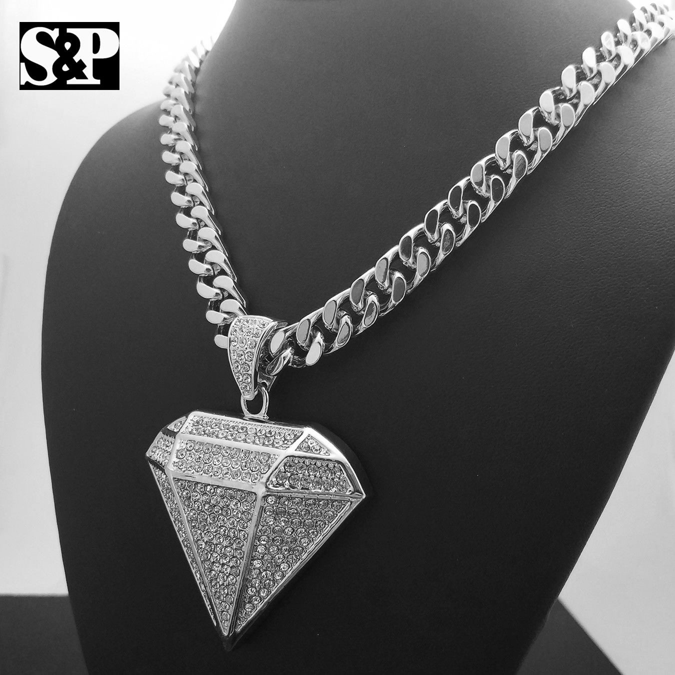 Silver Plated Alloy Cubic Zirconia Big Diamond Shape & 30″ Cuban Chain Necklace