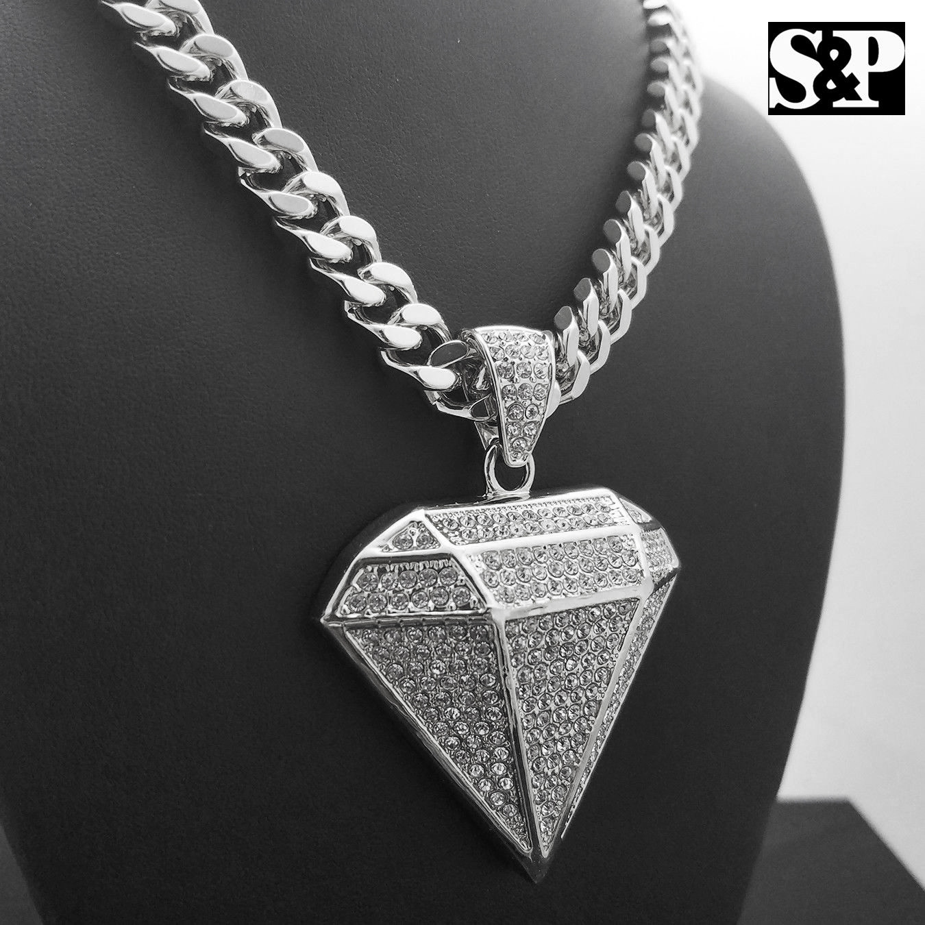 Silver Plated Alloy Cubic Zirconia Big Diamond Shape & 30″ Cuban Chain Necklace