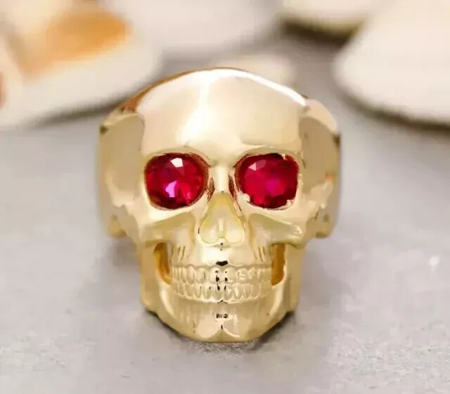 2 Ct Round Simulated Ruby Halloween Skull Band Ring 925 Yellow Sterling Silver