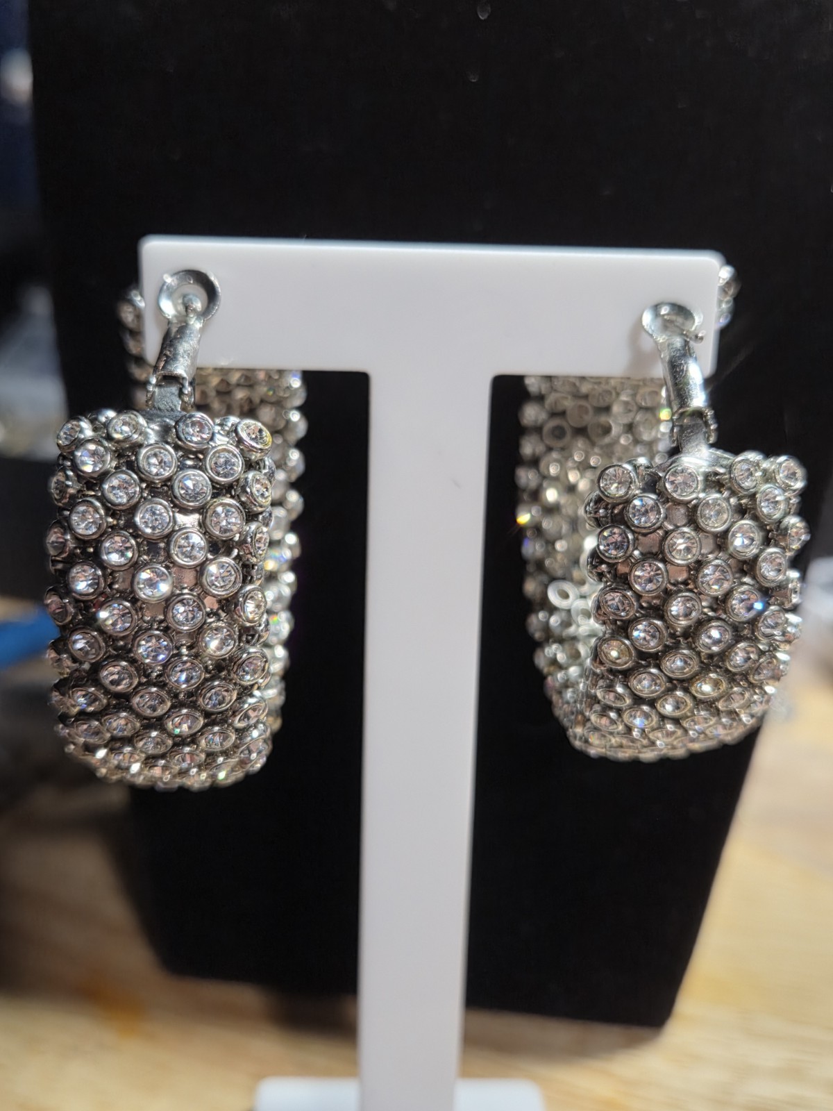 Silver Tone Clear Rhinestone Wide Hoop Earrings 2″ Sparkly Latch Back