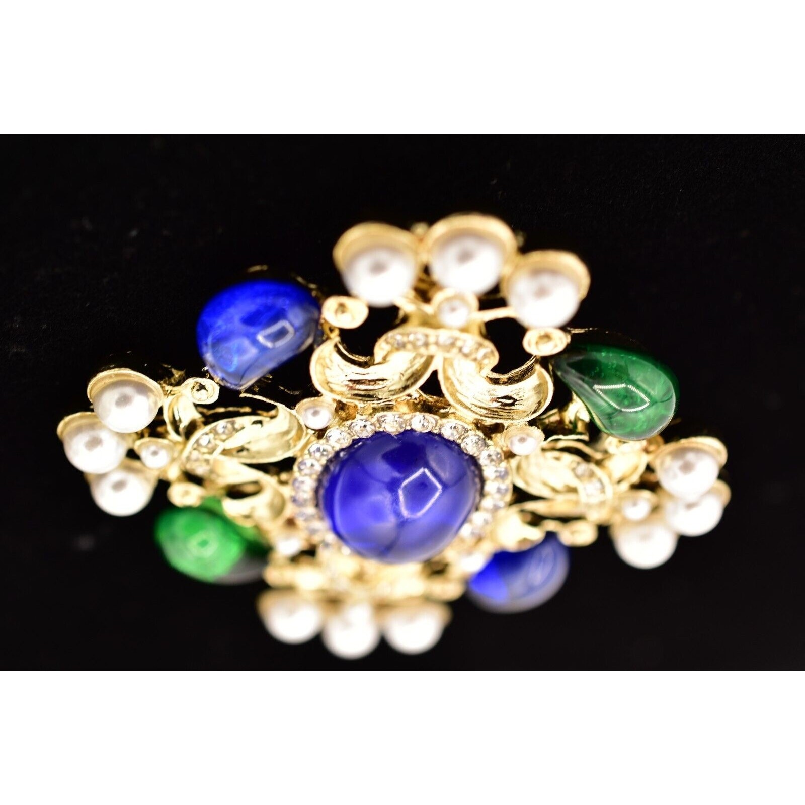 Vintage Cabochon Brooch Pin Faux Pearl White Blue Green Gold Chunky 1990s BinBG