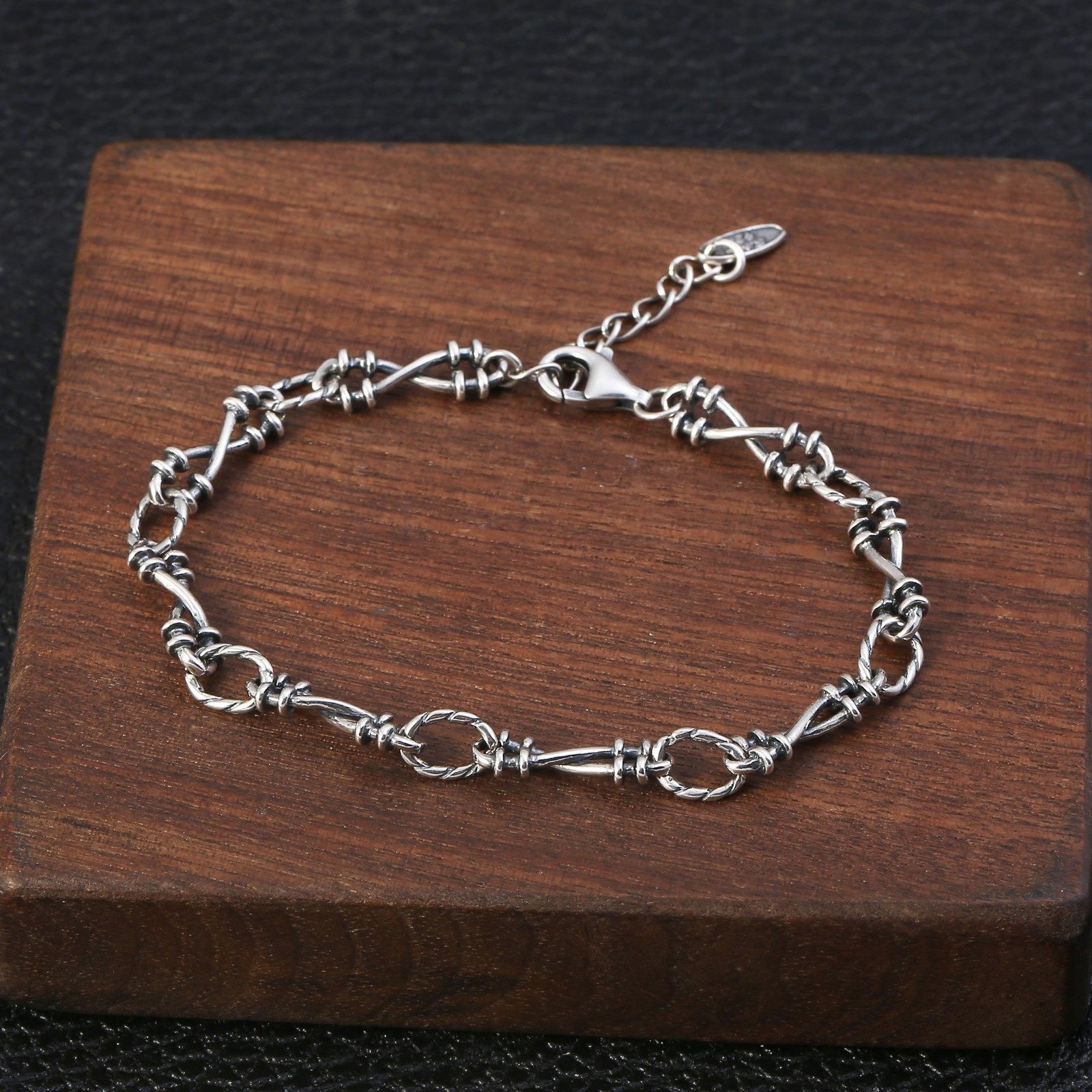 Solid 925 Silver Barbed Wire Style Bracelet Oxidized Thai Silver Punk Jewelry