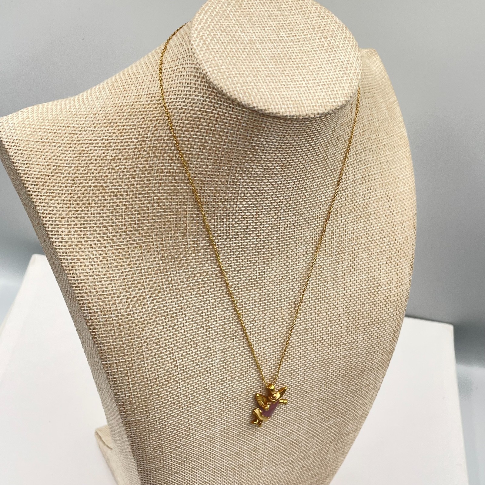 Vintage Gold-Tone Chain Enamel Coated Whimsical Angel Pendant Push Lock Necklace
