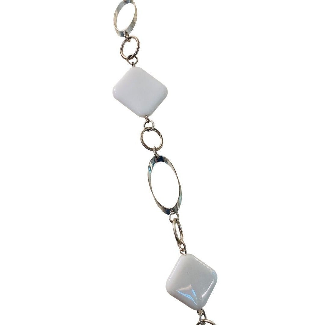 Silvertone and White Acrylic Square Necklace Overhead 34″ Lightweight