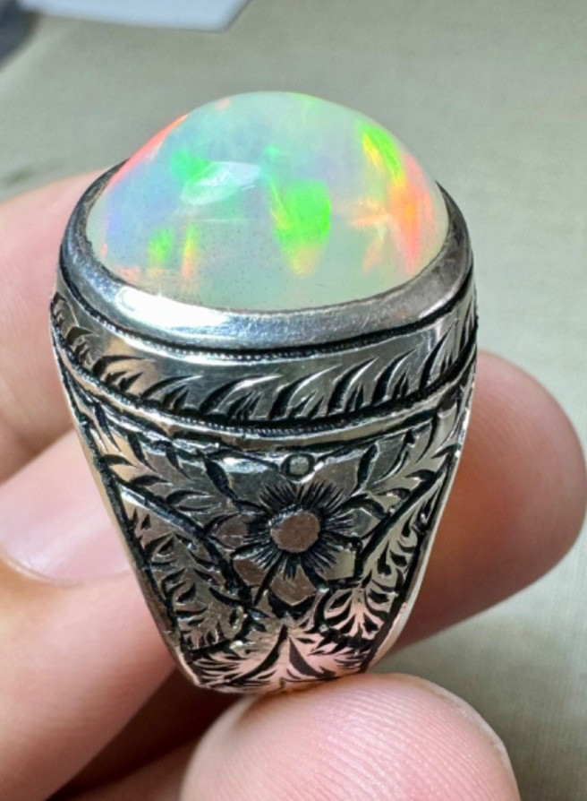 6.90 carats Natural Ethiopian White Opal Handmade Size 11.5 Silver Ring for Male