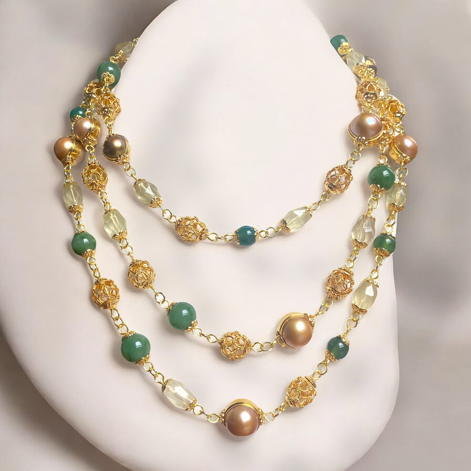 By Danilova, 11 Mabe Pearls, Citrine & Jade, Extra Long 180cm Beaded Necklace