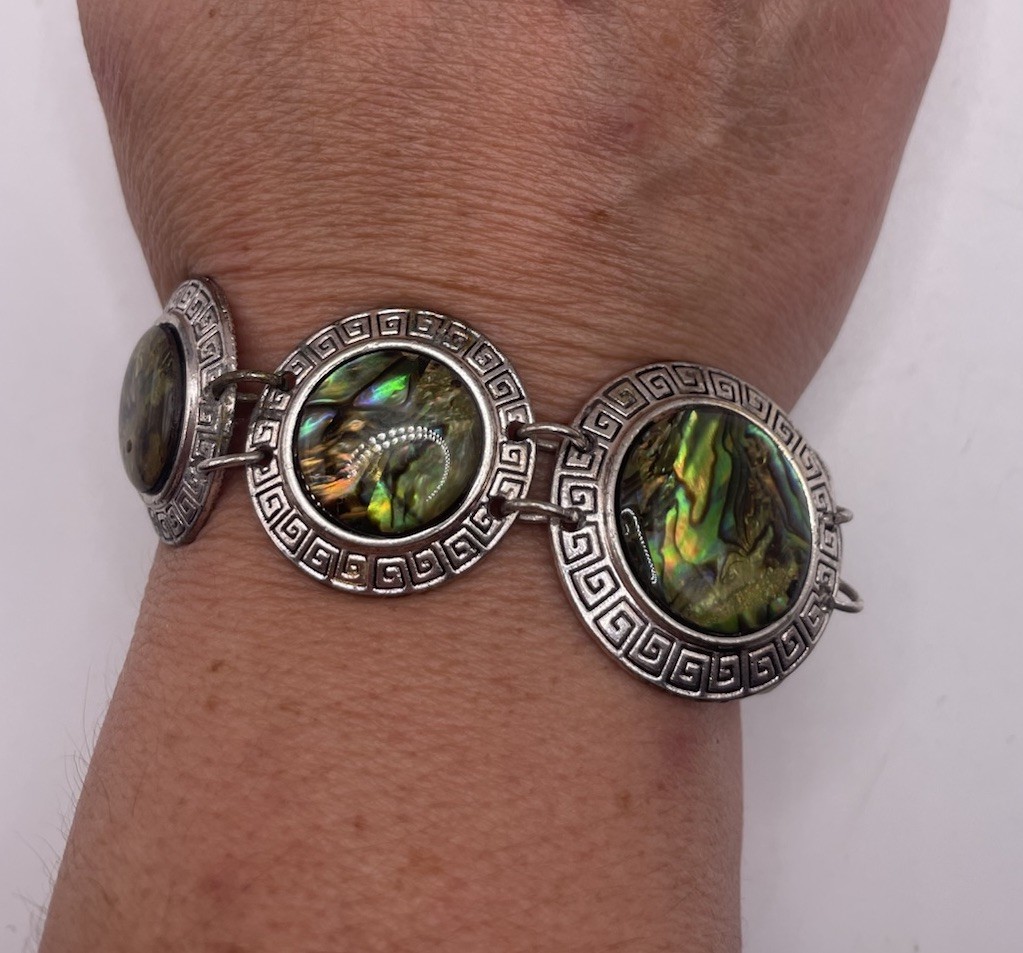 Vintage Silver Tone Abalone Shell Greek Key Link Bracelet Boho Hippie Jewelry 8”