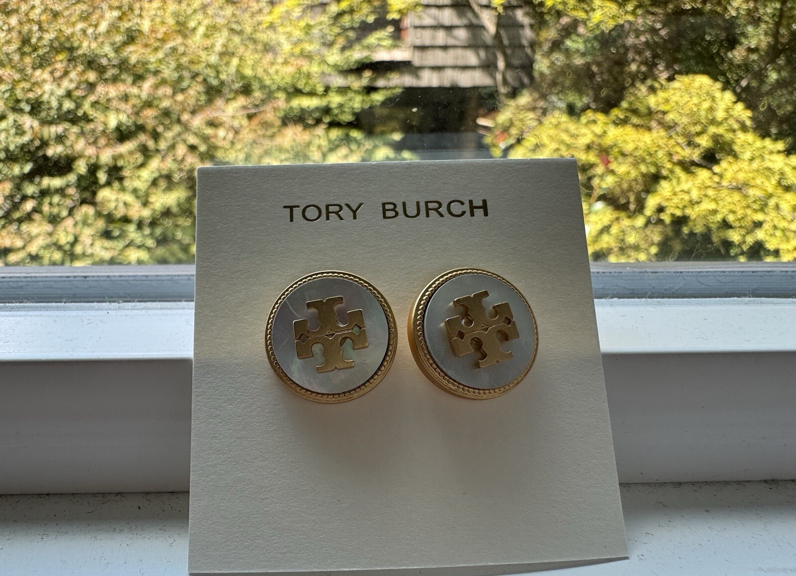 New Tory Burch White Semi-Precious Gold Tone Mother Of Pearl Logo Stud Earrings
