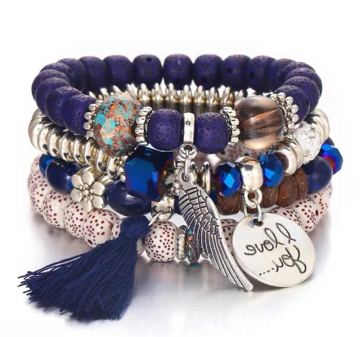 Colorful Beaded Dangle Charm Tassel Cuff Bracelet