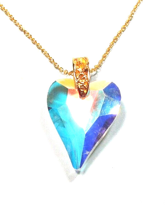 Women’s Clear Crystal Heart Pendant 20″ Gold Tone Chain Necklace – NWOT (#3372)