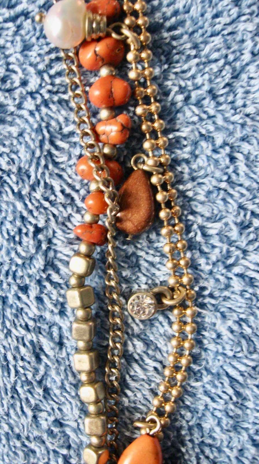 “T” Logo FLOATING 3 STRAND Orange Turquoise Beaded Necklace; Chain; Cord Lobster