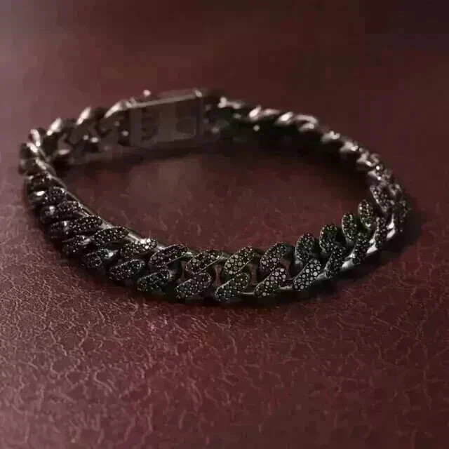 10Ct Round Cut Lab Created Black Diamond Cuban Bracelet 14K Black Gold Plated