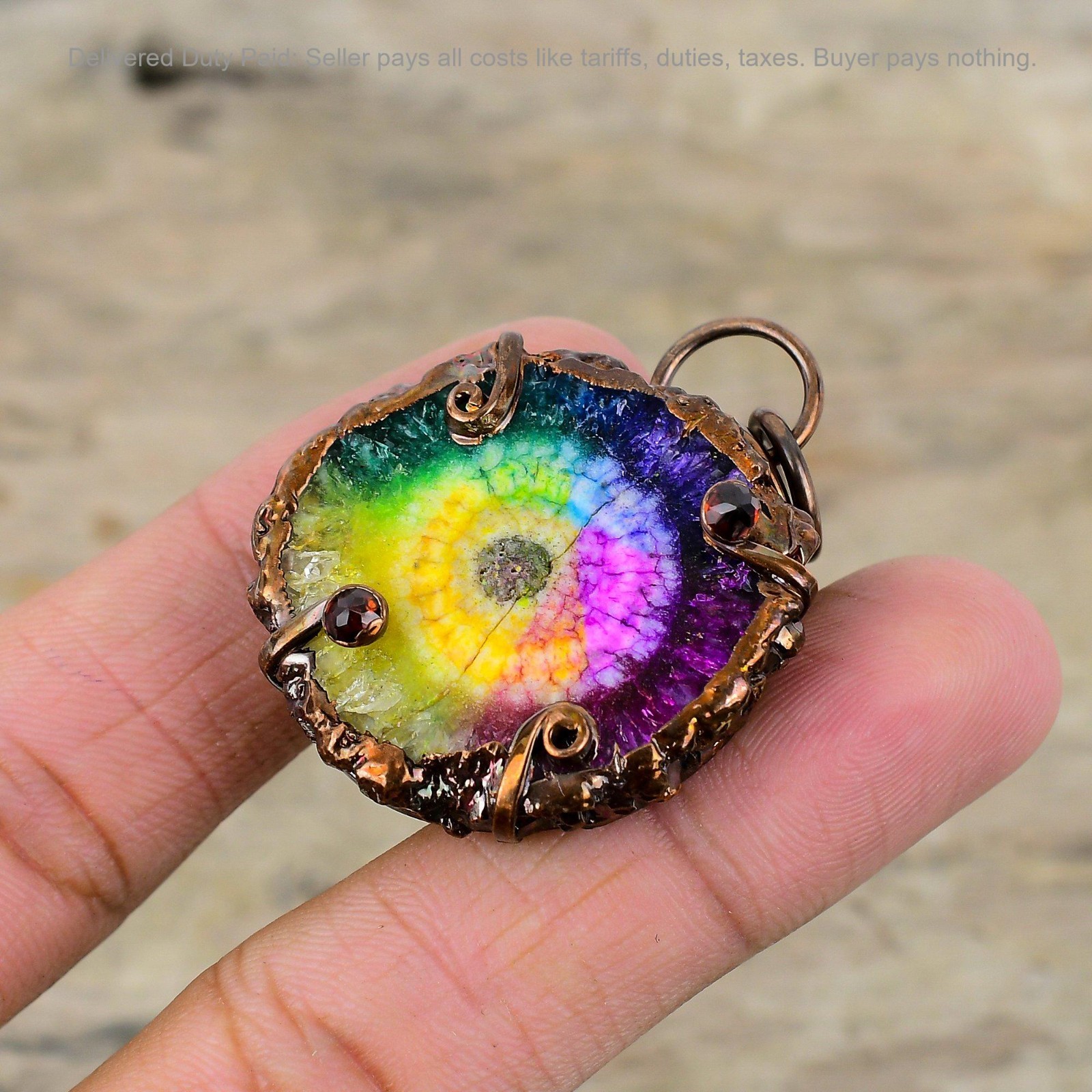 Copper Round Rainbow Solar Quartz Druzy Gemstone Electroformed Pendant Jewelry
