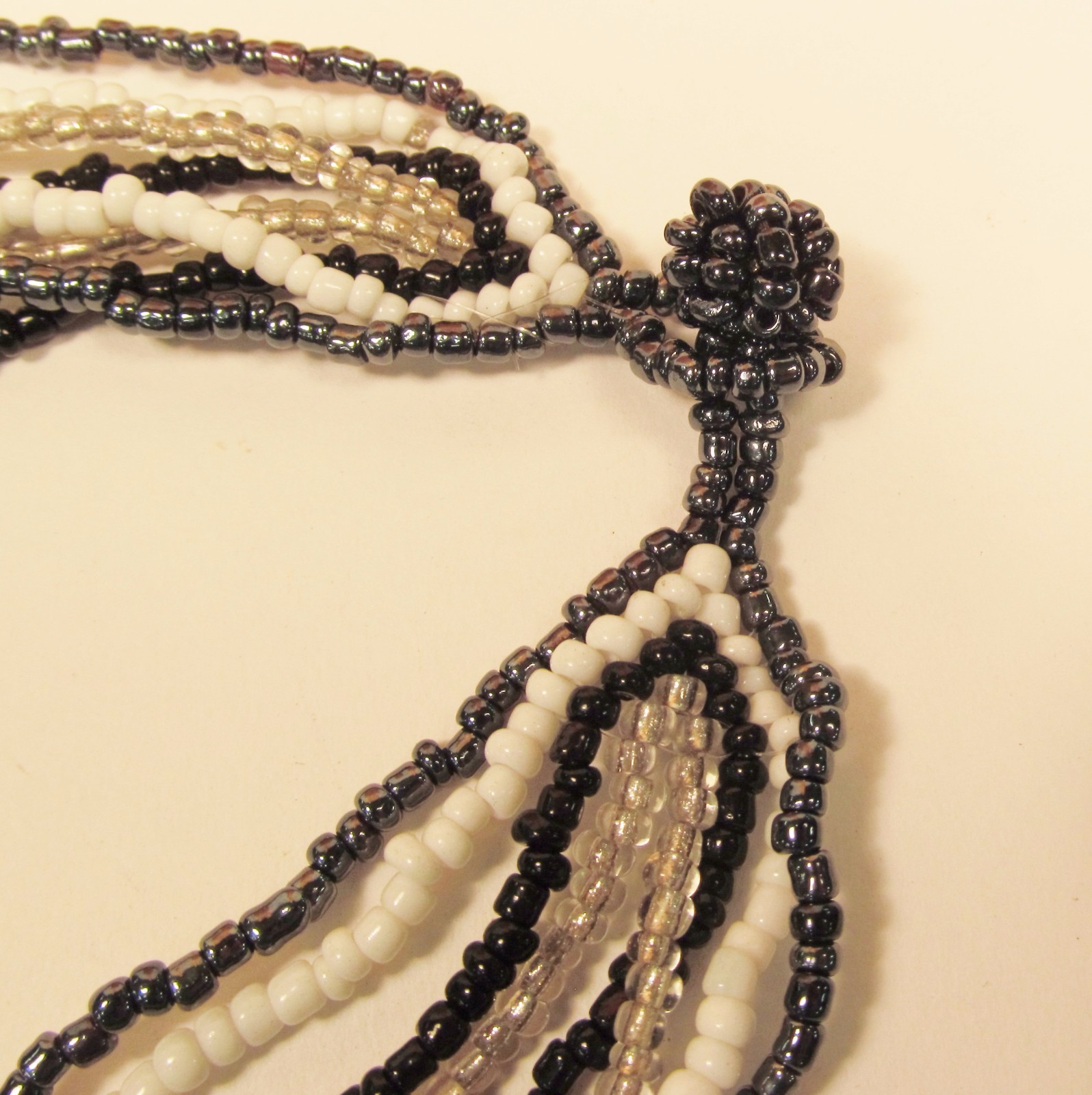 24″ Waterfall Black White Multi Strand Mixed Bead Handmade Seed Bead Necklace