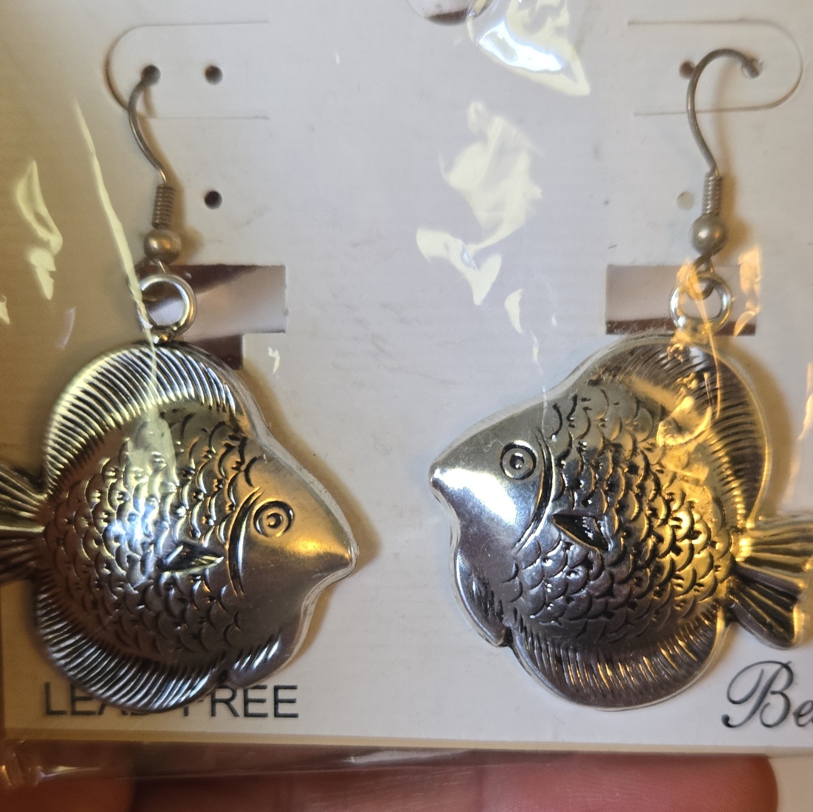 Earrings Fish Design Silver Tone Dangle Hook Lead-Free Metal No Stone