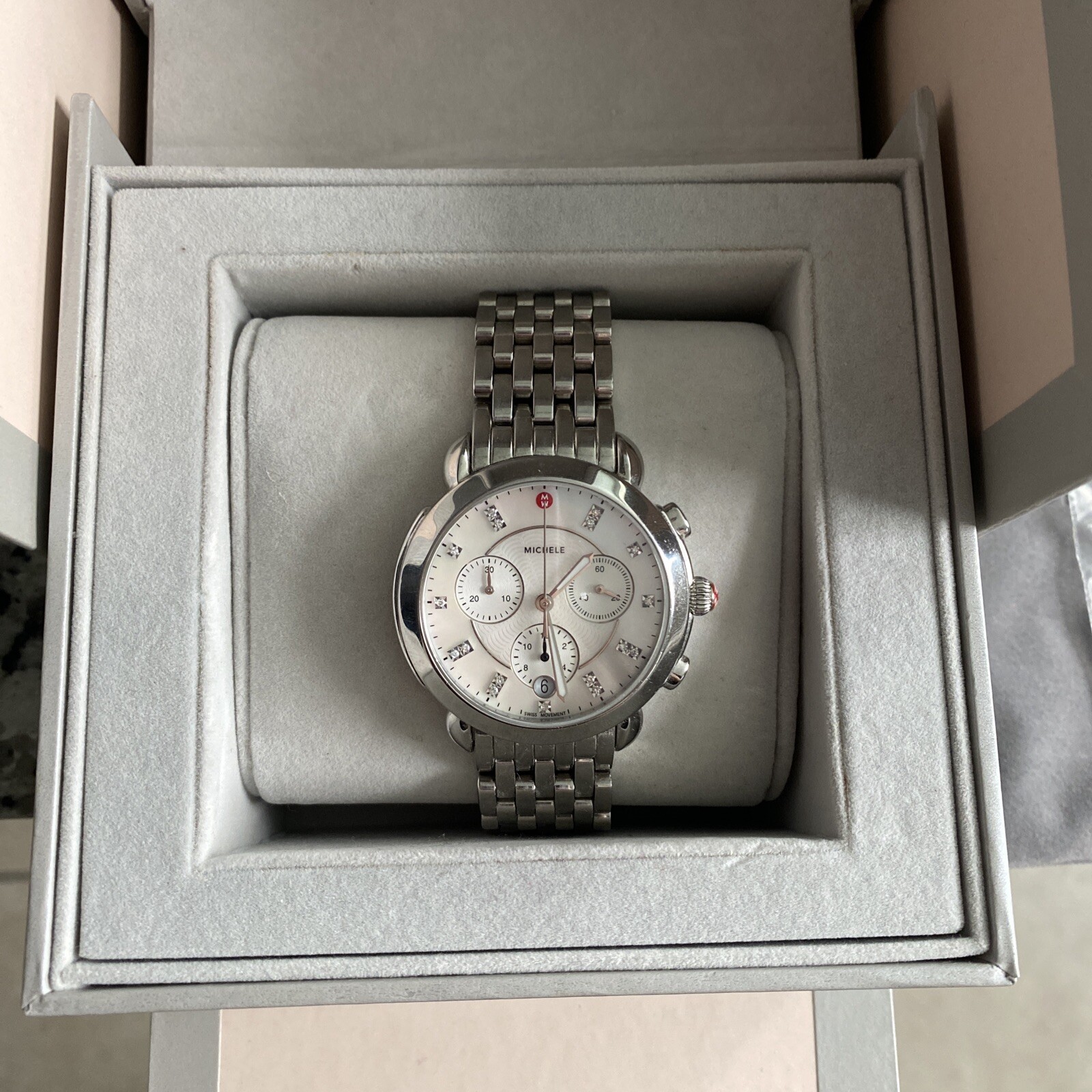 USED SLIGHTLYMICHELE SIDNEY MW30A00A0046 STAINLESS WHITE MOP DIAMOND DIAL WATCH