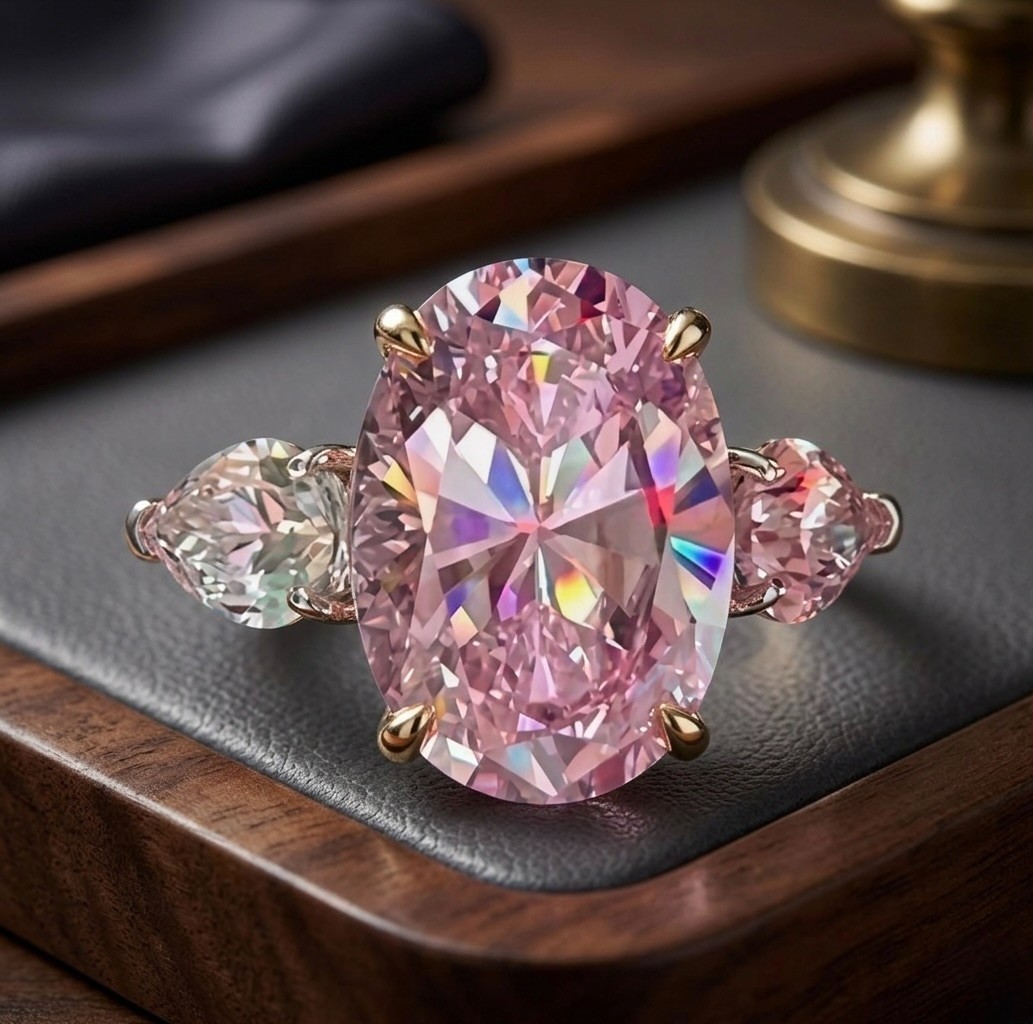 925 Silver, Pink & White Diamond Ring, 10 Ct Certified Treated, Great Sparkle