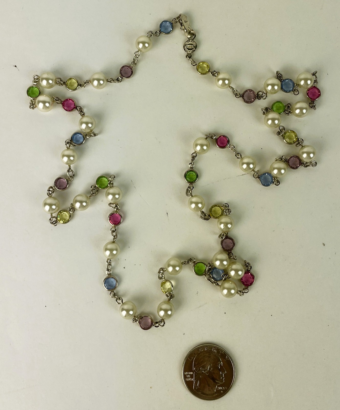 VTG. 1960s AUSTRIAN Multicolored Crystal Bezel Set Faux Pearl Necklace 35 in USA
