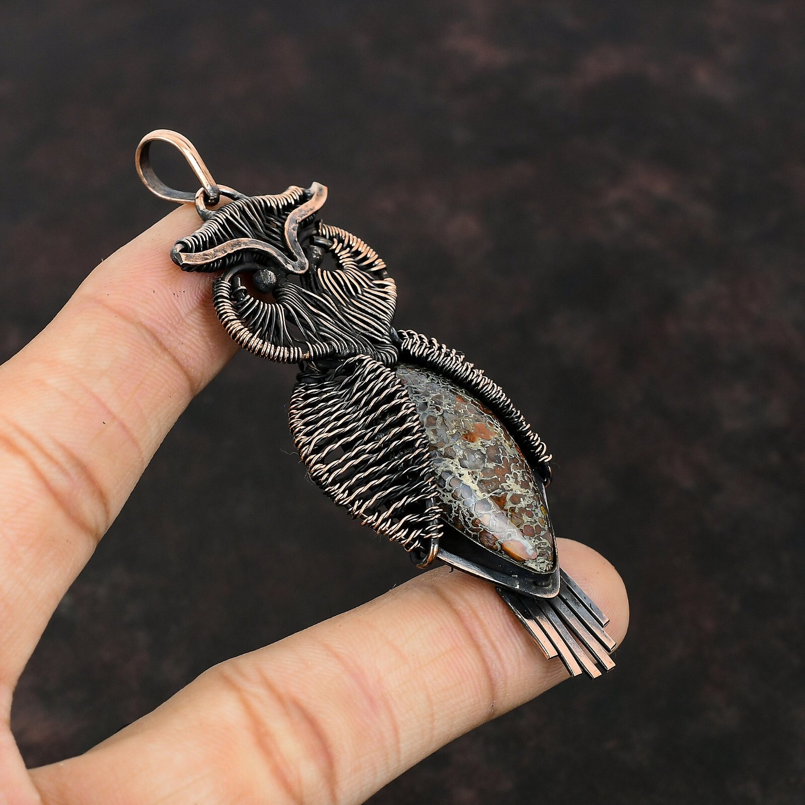 Dinosaur Bone Jewelry Copper Gift For Mother Wire Wrapped Owl Pendant 3.39″