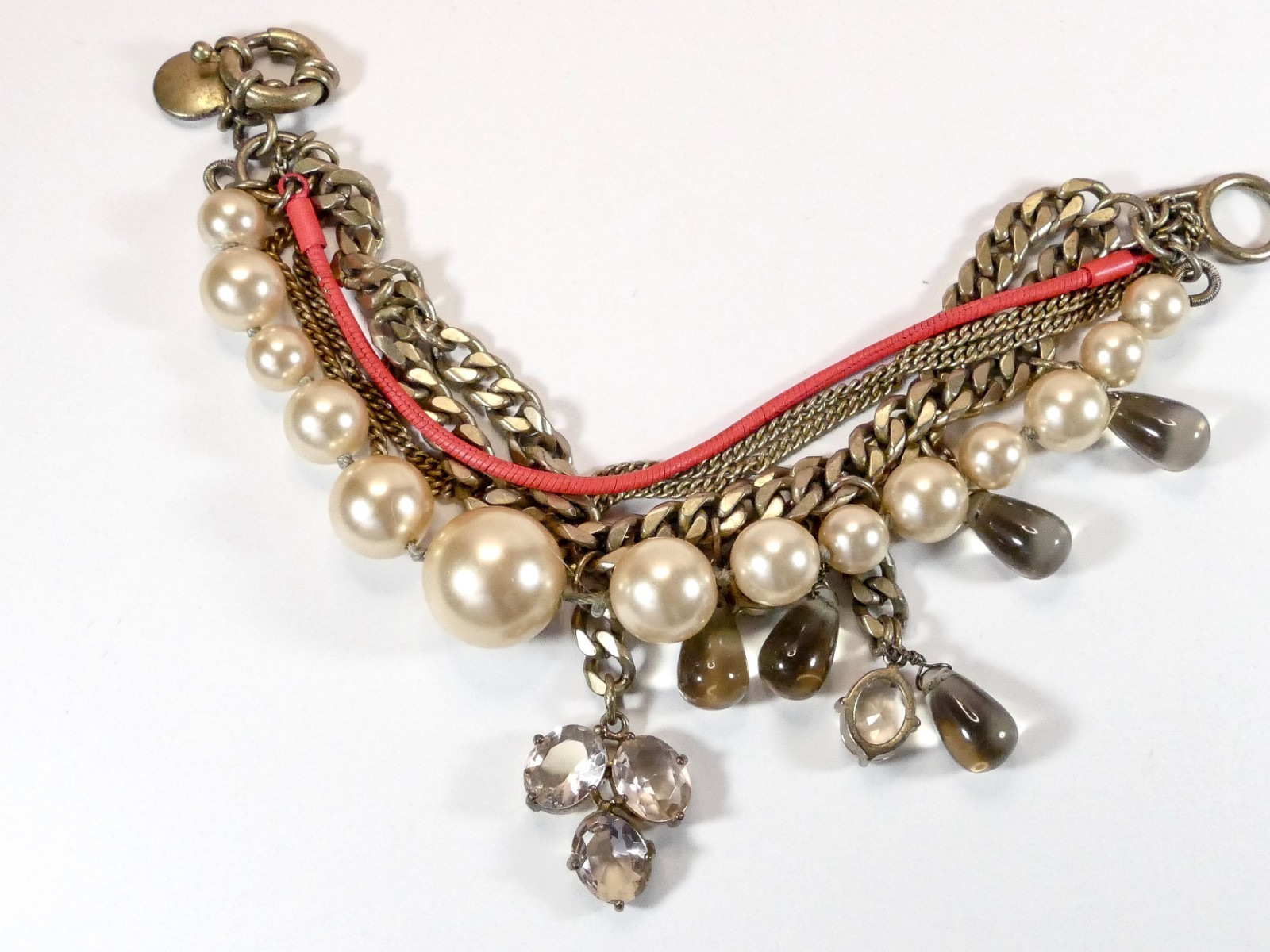 Signed J.Crew Multi-Strand Pearl & Crystal Statement Charm Bracelet