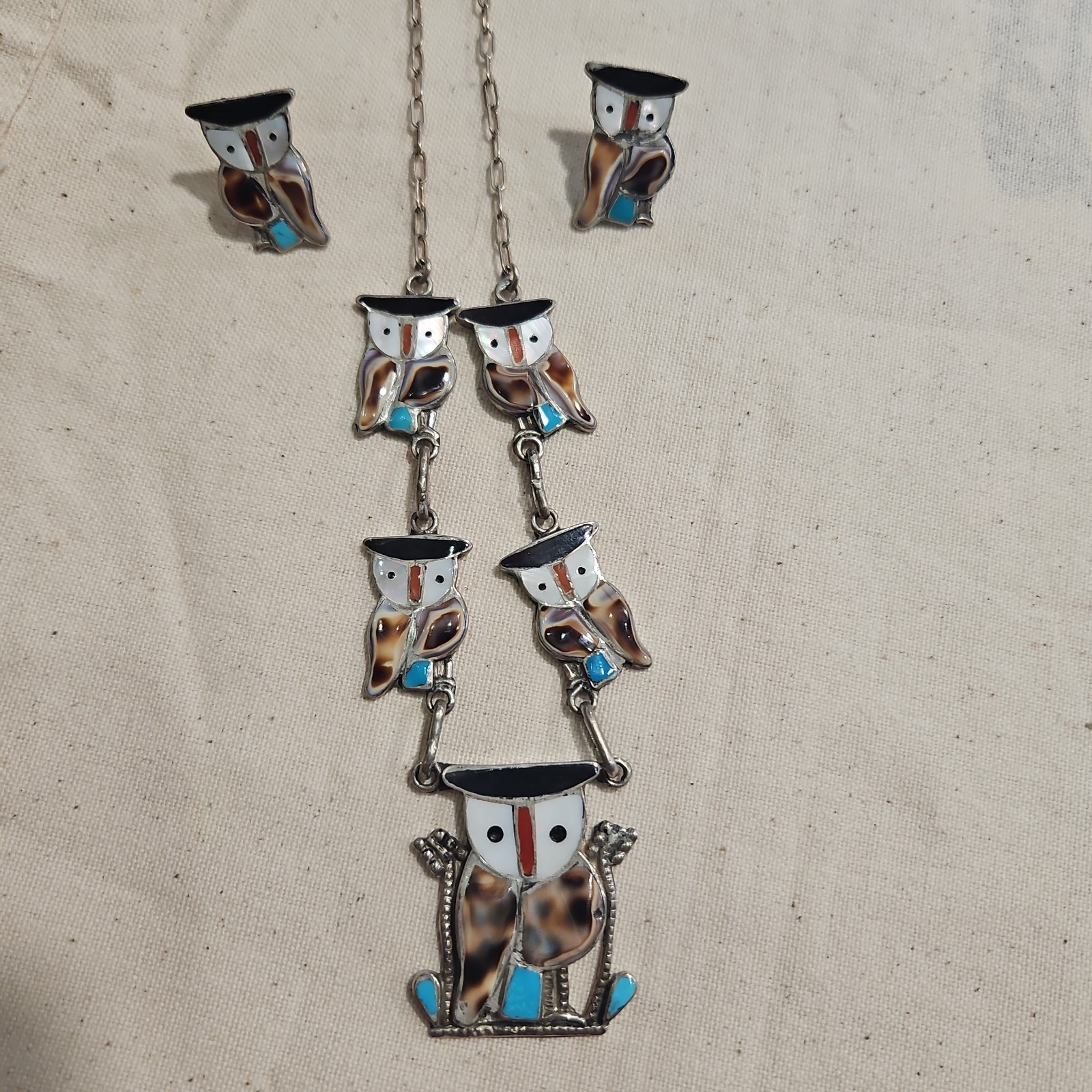 Vintage Zuni Pitkin Natewa Sterling Silver Multi-Stone Inlay Owl Necklace Signed