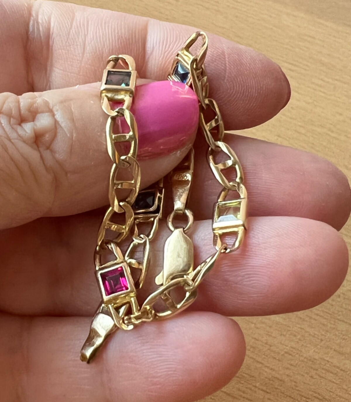 14K YELLOW GOLD MULTI GEMSTONES FIGARO BRACELET MADE IN ITALY CANDY COLORS