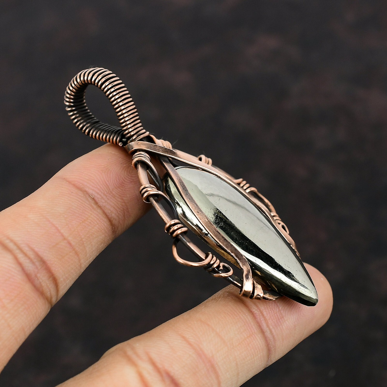 Women Day Gift Apache Pyrite Jewelry Copper Wire Wrapped Pendant For Women 2.91″