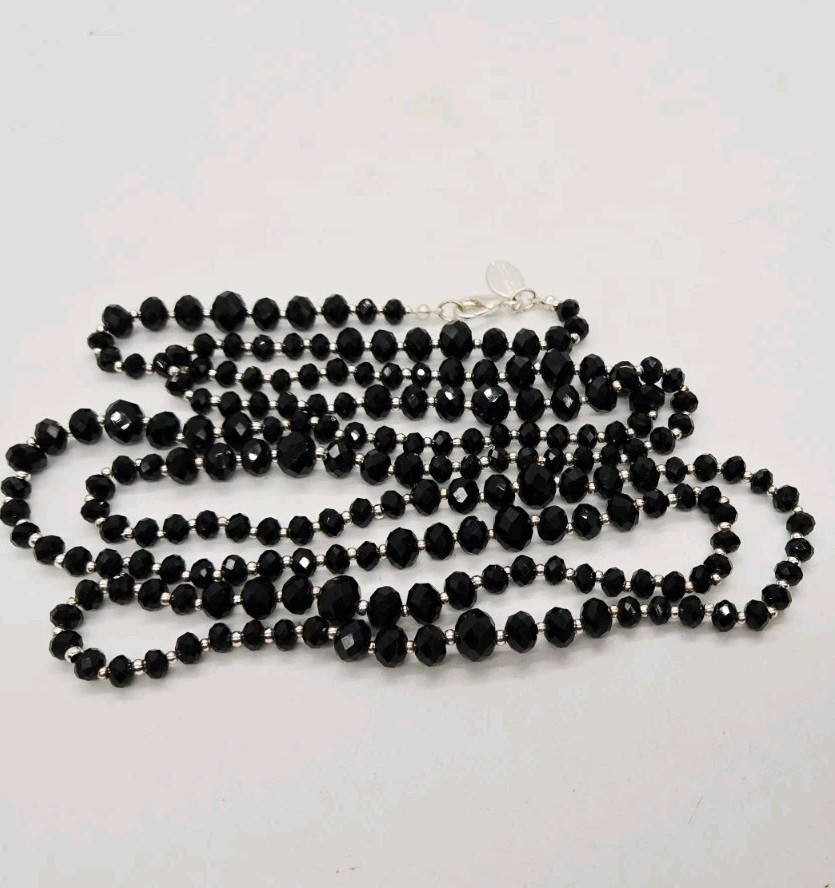 White House Black Market WHBM Silver tone Black Beaded Necklace 52 in Disco
