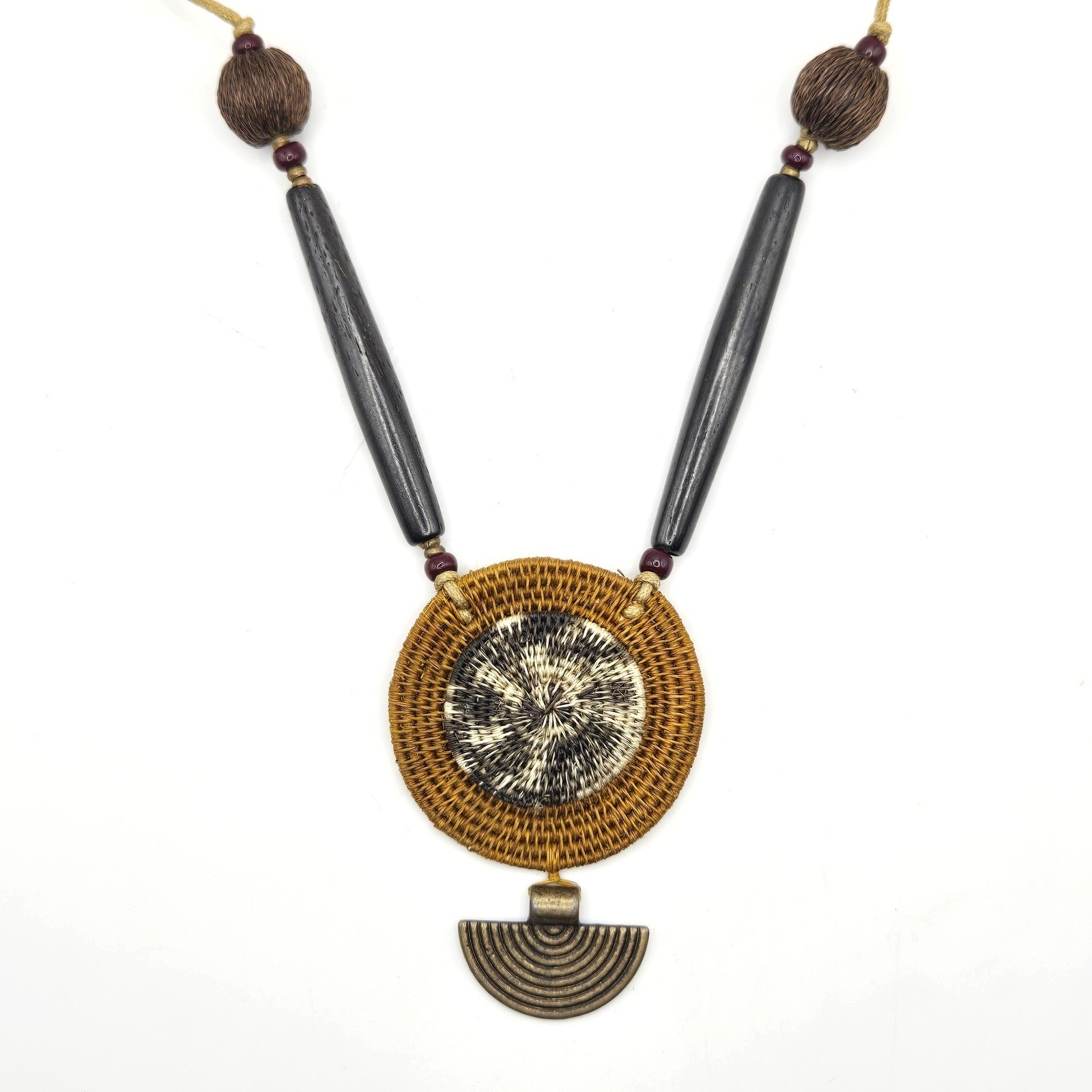 Artisan Woven Raffia Pendant Necklace Boho Tribal Mixed Media Brass Bovine Bone