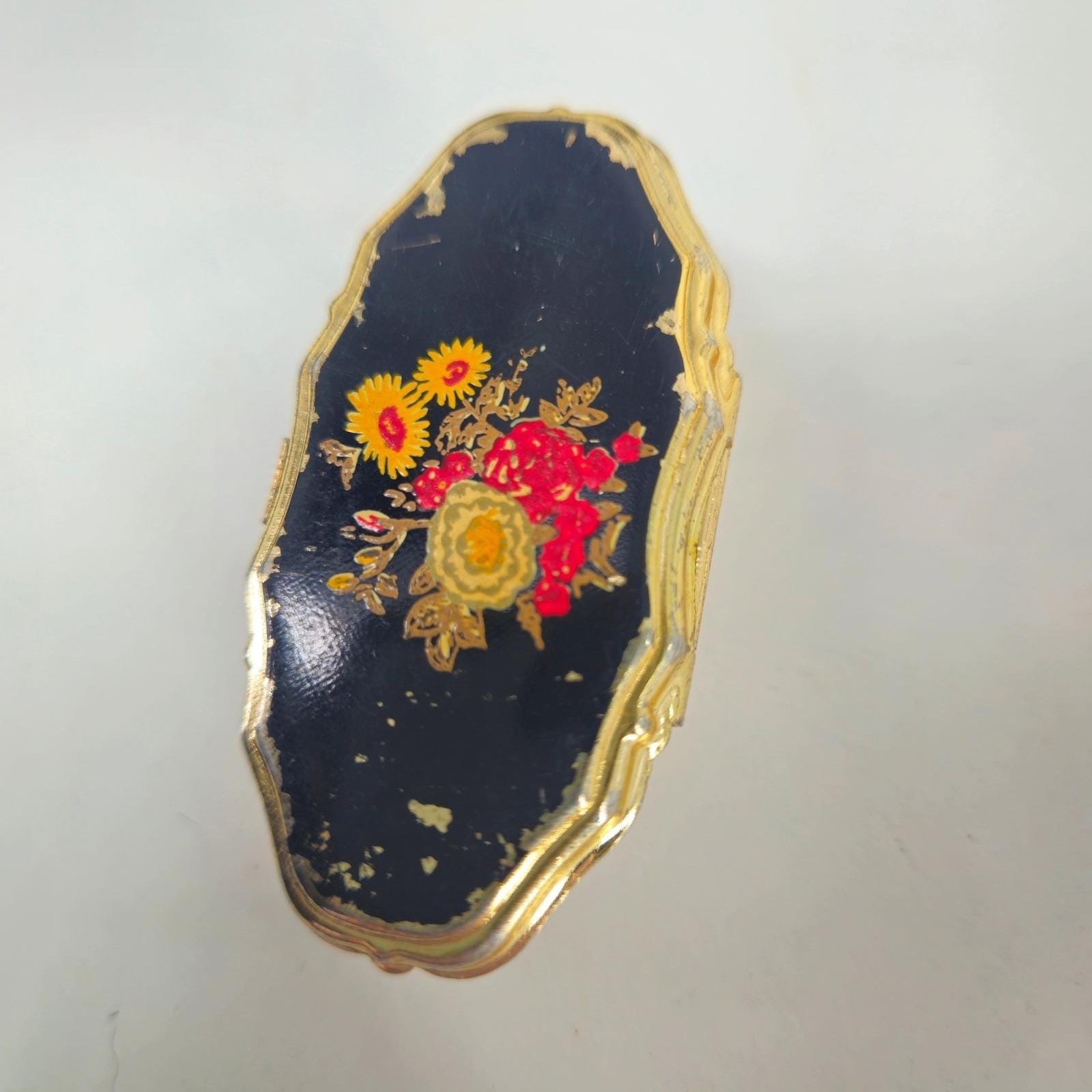 Vintage Lipstick Holder Flip Compact Mirror Handpainted Floral Gold Tone Black