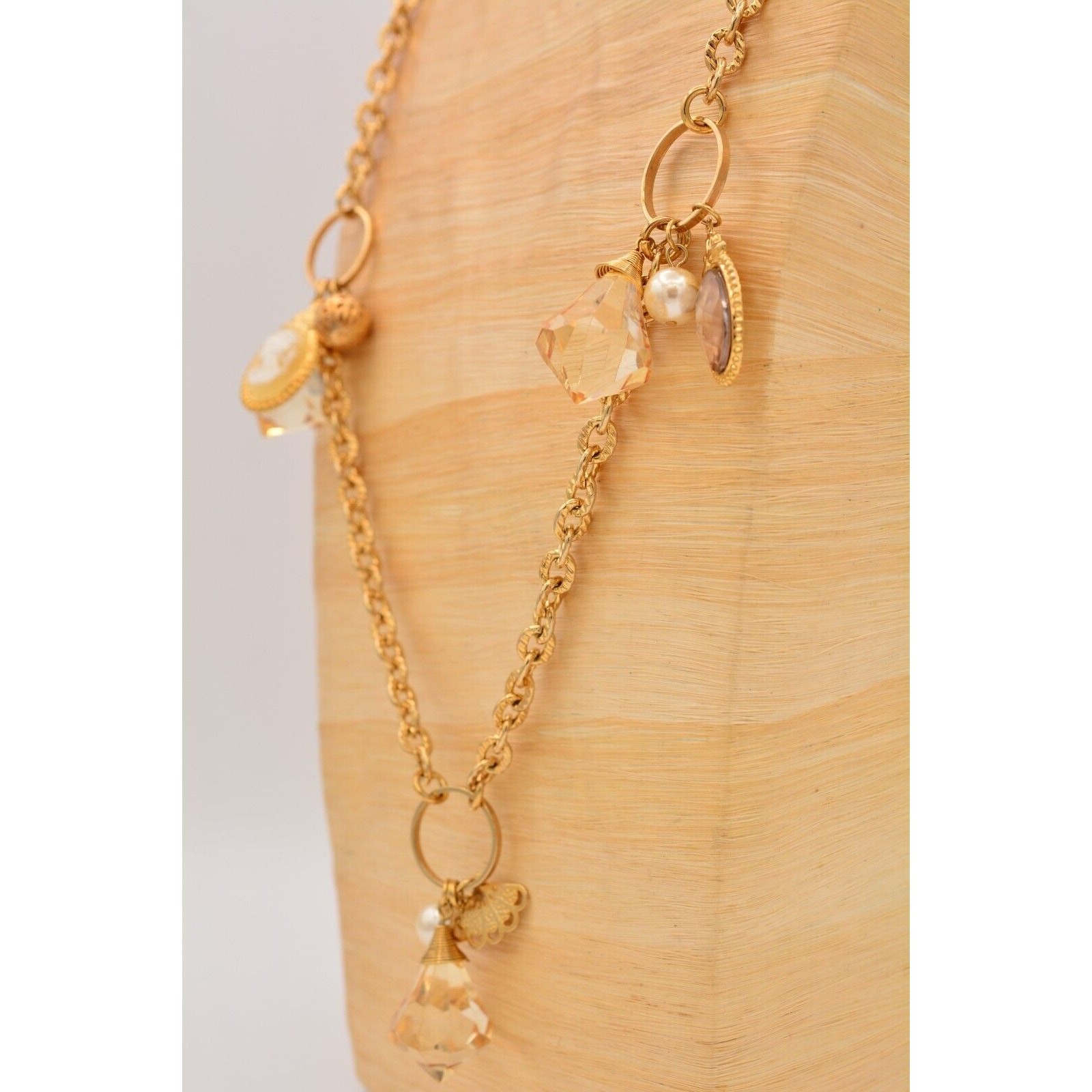 Vintage Station Cameo Necklace Charm Beaded Crystal Gold Chunky 1990s Bin4B
